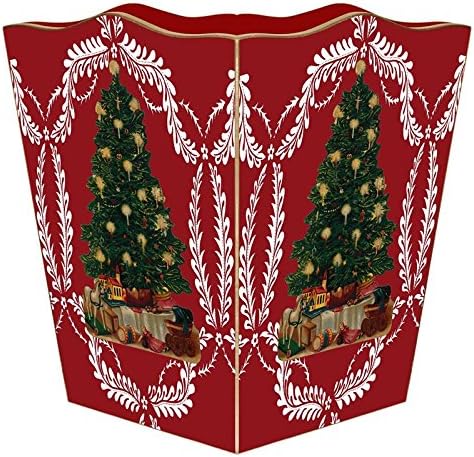 Marye-Kelley- Christmas Tree on Red Provencial Wastebasket Decoupage Wood Scalloped Top Decorative Wastebasket for Kitchen Bathroom Bedroom Living Room Handmade Made in The USA