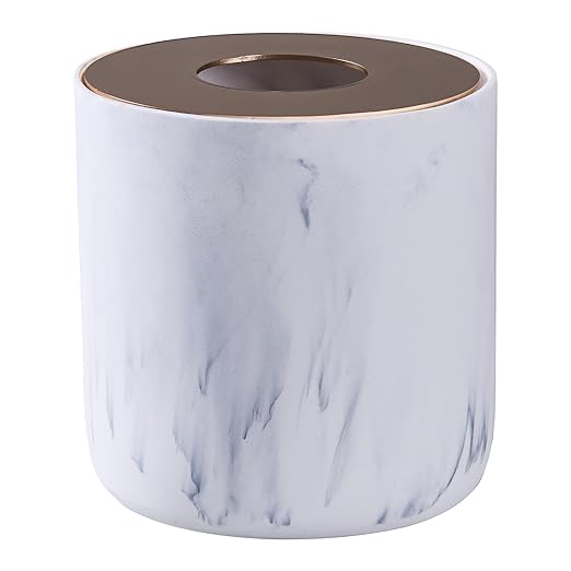 White Marble Textural Mini Trash Can with Rose Gold Stainless Steel Lid Small Countertop Trash Can for Bathroom KitchenDesk Trash CanTable top Mini Garbage CansResin Tiny Waste Basket for Vanity
