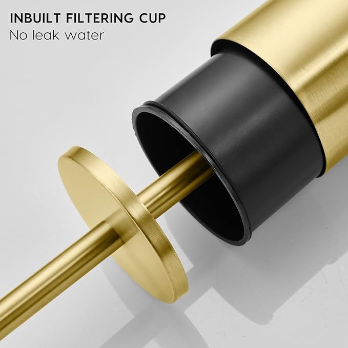 Gold Brushed Stainless Steel Toilet Brush and Cover No-Punch Hook Base Dual Purpose Toilet Brush Holder with Removable Inner Bucket and Splash Cover - Soft Bristles (Brushed Gold)
