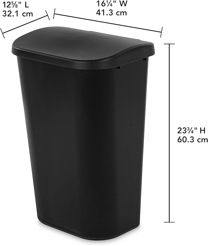 Sterilite 11.3 Gallon Lift Top Wastebasket with Lid Large Trash Can for the Kitchen or Bathroom Plastic Black 6-Pack