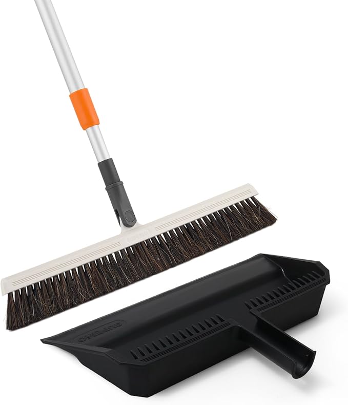 Superio 18 Horse Hair Upright Broom with Telescopic Handle &amp 16 Black Dustpan with Comb Rubber Lip &amp Clip – Narrow Thin Dust Broom for Dog Hair – Hardwood &amp Tile Floor Cleaning Set – Gr