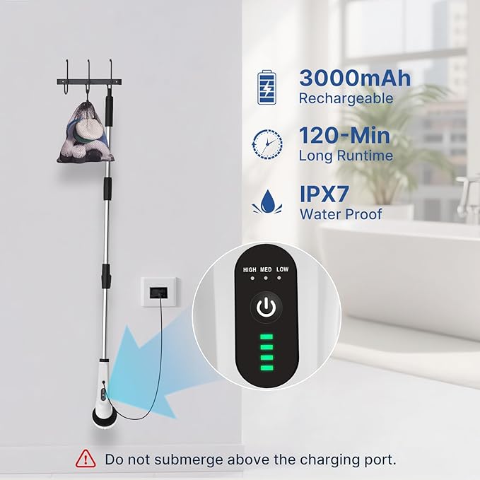 8 in 1 Electric Spin Scrubber for Cleaning Bathroom 3000mAh Power Scrubber Cordless Cleaner with Long Handle 3 Speeds Bathtub House Clean Brush Deep Cleaning for Tile Shower Wall Floor