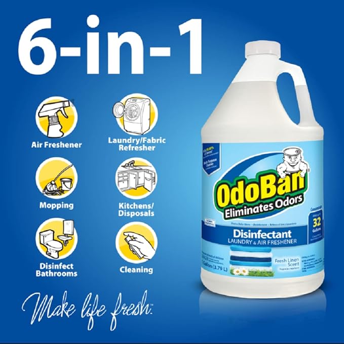 OdoBan Ready-to-Use Disinfectant and Harsh Aroma Eliminator Set of 2 14.6 Ounce 360-Degree Continuous Spray Fabric/Air Freshener and 1 Gallon Multi-Purpose Cleaning Concentrate Fresh Linen Scent