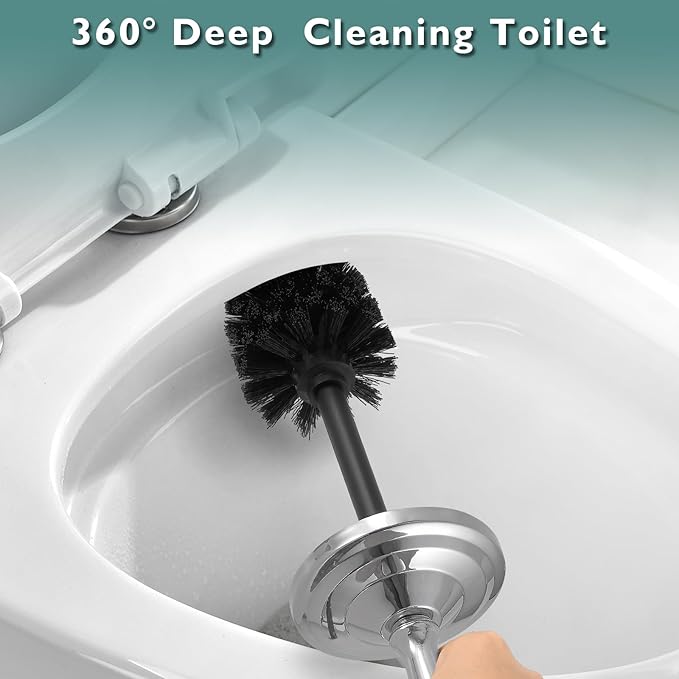 Chrome Toilet Brush and Holder Set Stainless Steel Toilet Brush for BathroomHeavy Duty Toilet Bowl Brush and HolderDeep Cleaning Modern Toilet Cleaner Brush -Space Saving Covered Brush