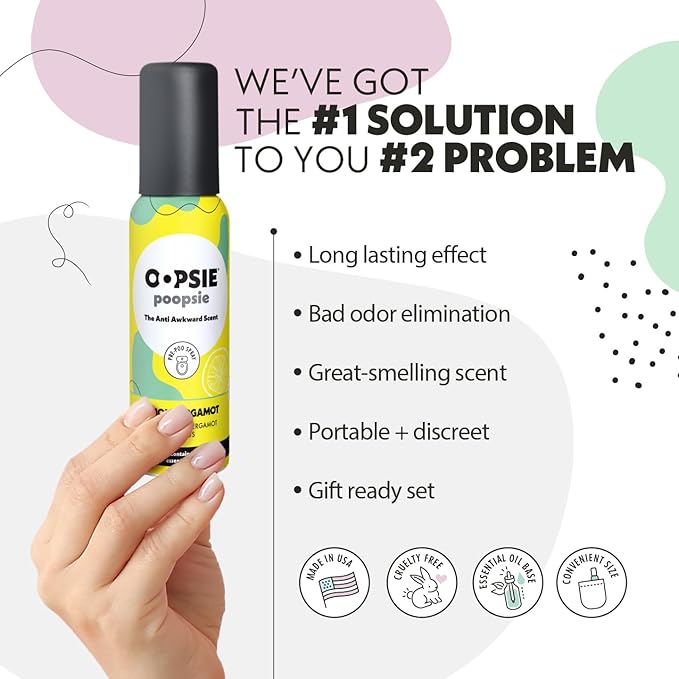 OOPSIE POOPSIE - Lemon Bergamont - Before &amp After You Go Toilet Spray 2oz - Portable Odor Eliminator - 4 Pack