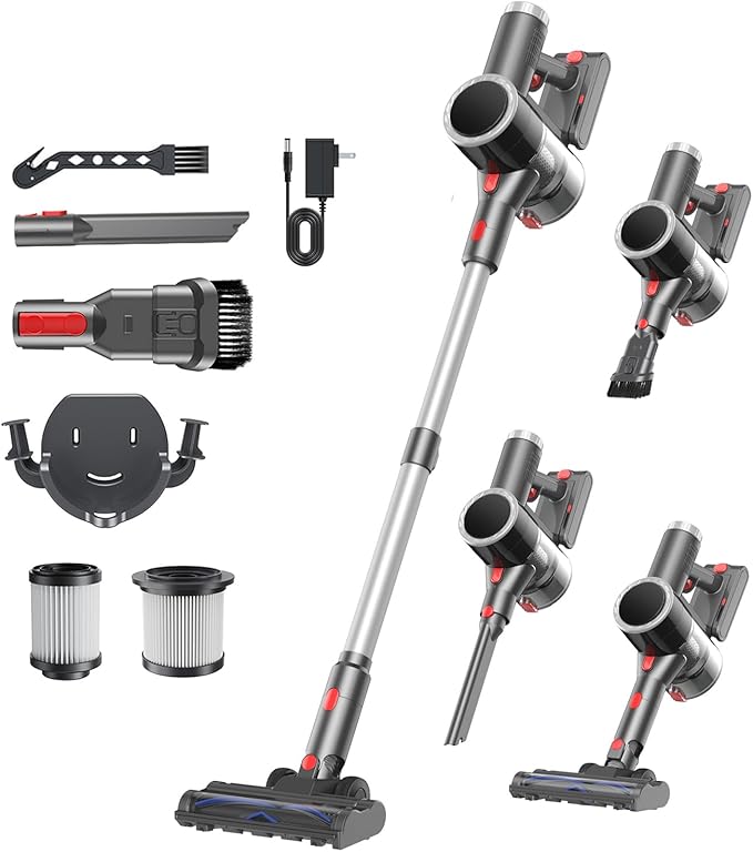 Cordless Vacuum Cleaner Stick Vacuum Rechargeable 550W 45KPA Powerful Suction Lightweight Vacuum Cleaners for Home Anti-Tangle Self Standing for Pet Hair Hardwood Floor Carpet - Sliver