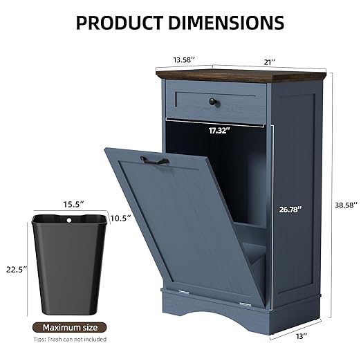 AHB 13 Gallons Tilt Out Trash Cabinet Hidden Trash Can Cabinet Freestanding Garbage Recycling Cabinet with Hideaway Drawer Pet Proof Trash Bin for Kitchen Living Room Blue