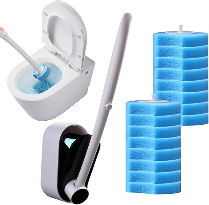 Toilet Bowl Cleaner Brush - Refillable Sponge Toilet Scrubber Replacement Head Kit | Anti Rust Stain Removal Wall Mount Product for Bathroom Home Toilets Cleaning 16 Refill Pads for Long Lasting