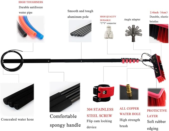 Retractable Brush Cleaning Portable Water Fed Pole Kit Outdoor Window Cleaner Window Glass Solar Panel Cleaning System - Angle Adjustable7.2m/24ft