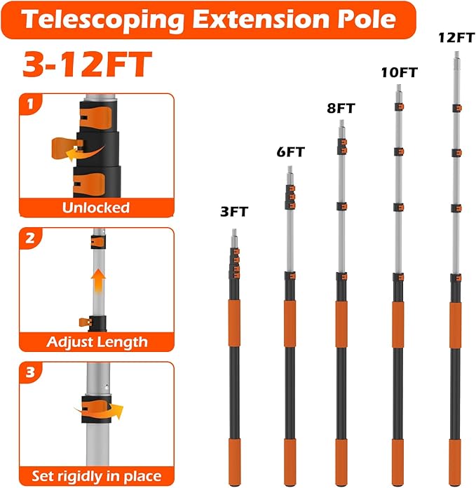 16FT Reach High Ceiling Duster Kits with 3-12FT Adjustable Pole - Includes Extra Long Duster High Ceiling Duster Rotatable Window Squeegee &amp Cobweb Duster for Ceiling Fans and Whole House Cleani