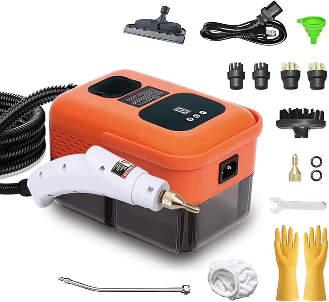 Heavy Duty Handheld Steam Cleaner 15s Heat-Up 9-Level Adjustable 2500W Pressurized Steamer for Cleaning with 14 Accessories Multipurpose Portable Steam Cleanr for Home Car Grease Grout（Orange）