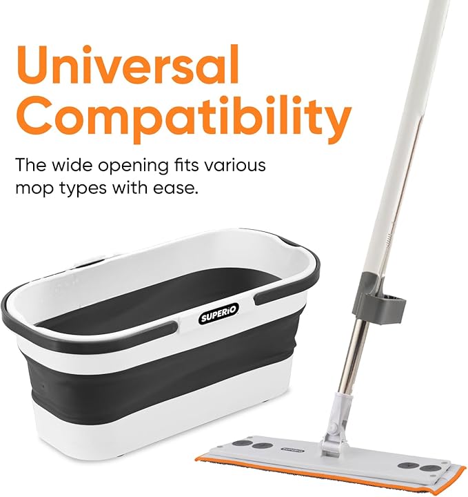 Superio Fold N' Go 10L Collapsible Mop Bucket with Wheels &amp Self-Wringing Microfiber Flat Mop - Portable Hands-Free Cleaning Set for Home Car Kitchen Bathroom Hardwood &amp Tile Floors