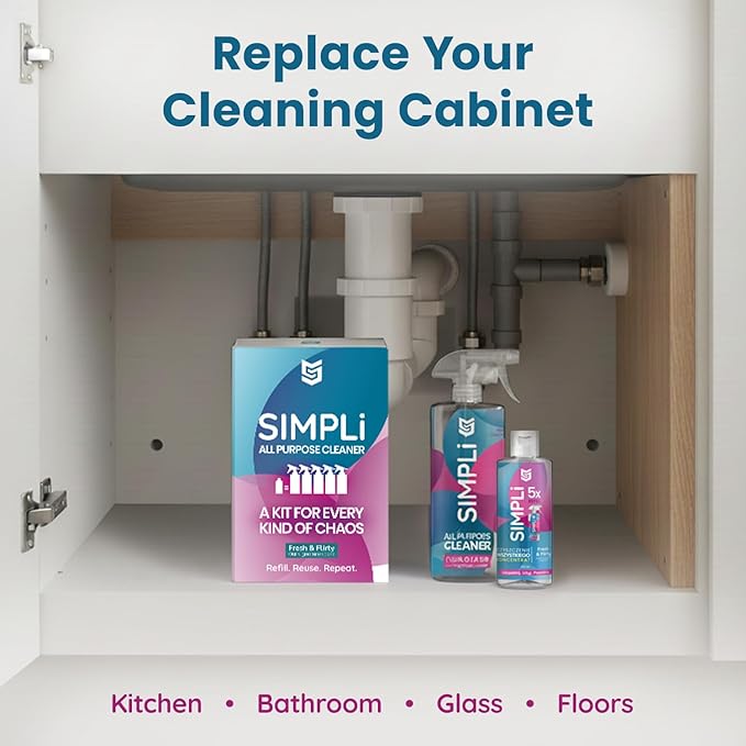 SIMPLi All Purpose Cleaner Starter Kit – Multipurpose Cleaner Concentrate Refill 8.45 fl oz Makes 85 fl oz + Reusable Spray Bottle 17 fl oz – Surface Cleaner for Kitchen Bathroom Glass Floor