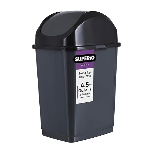 Superio Medium Trash Can with Lid 4.5 Gallon Plastic Swing Top Garbage Can Slim Waste Bin for Under Sink/Cabinet Laundry Room Kitchen Office Bedroom Bathroom College Dorm 18 Qt Grey