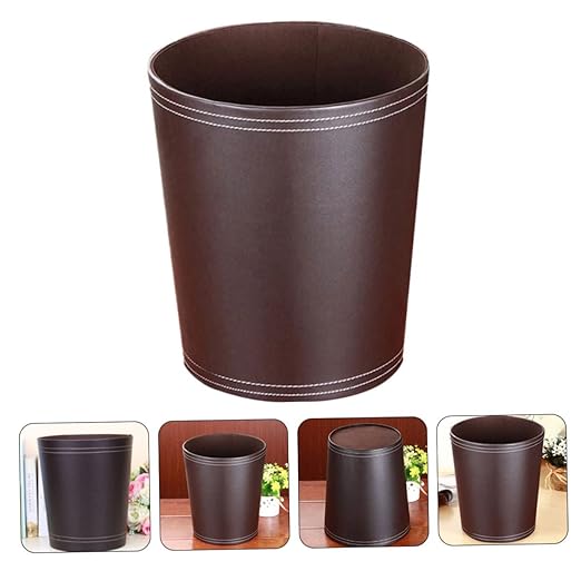 VOSAREA 1Pc Round Waste Basket Stylish Trash Can for Home Office PU Design Convenient Open Top for Easy Disposal for Living Room Workspace