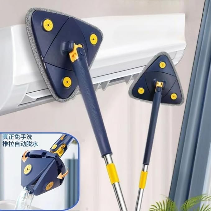 360° Adjustable Rotating Cleaning Mop Triangular Mop with Compressed Water Automatic Cleaning for Kitchen Walls Ceiling Corners (Blue + 6 Fabric)