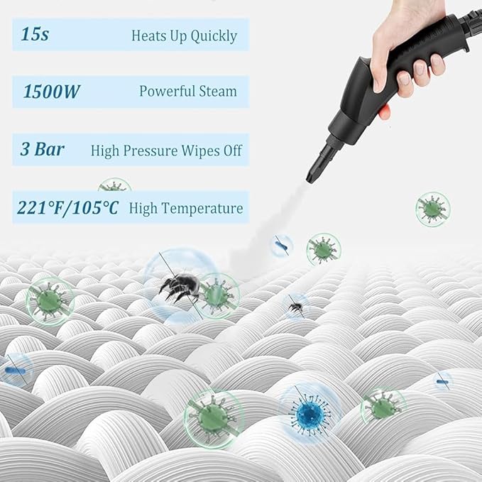 Handheld Steam Cleaner 1500W Pressure High Temperature Pressurized Steam Cleaning Machine with 1100ml Water Tank 3Bar 6 Gear Adjustment for Grout Tile Car Kitchen Button