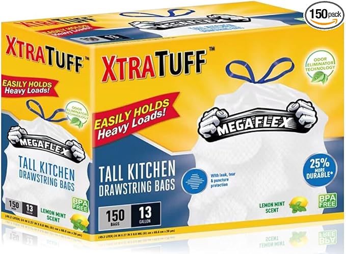 XtraTuff Tall Kitchen Drawstring Trash Bags 13 Gallon 150 Count Lemon Mint Scented MegaFlex Technology Leak and Puncture Resistant BPA Free