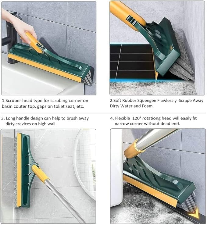 Bathroom Cleaning Brush with Wiper 2 in 1 Tiles Cleaning Brush with Long Handle 120° Rotate Bathroom Floor Floor Scrub Bathroom Brush Home (Yellow)