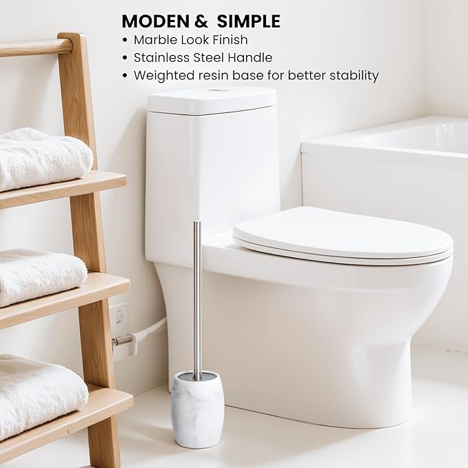 Toilet Bowl Brush and Holder with Stainless Steel Long Handle Toilet Scrubber Brush with Durable Base 360° Deep Cleaning Bristles for Bathroom Compact Set for Small Space (White)
