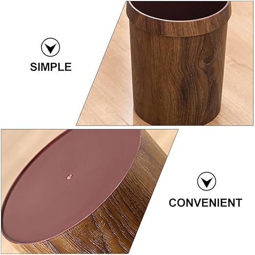 Lurrose Retro Trash Can 10L Imitation Wood Grain Wastebasket with Press Ring Vintage Kitchen Bathroom Garbage Bin for Living Room and Toilet Use