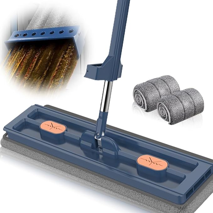 Large Flat Mop New Upgrade Style Large Flat Mop for Wet and Dry Use360 Rotating Dust Mop with Dewatering Scraper with 2 Scraper 12027(Blue with 2 Mop)