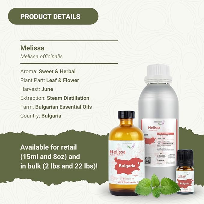 Melissa Essential Oil - Direct from Bulgarian Sustainable Farms - Steam Distilled - Aceite Toronjil for Aromatherapy Massage Diffuser DIY Candle and Soap Making - 5ml