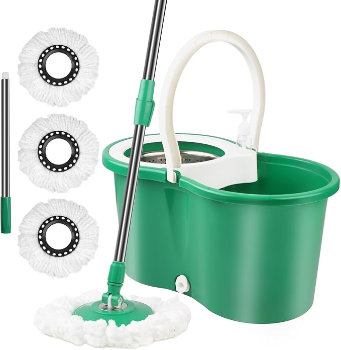 Spin Mop and Bucket with Wringer Set 360°Spin Mop &amp Bucket Floor Cleaning System Mop Bucket with Adjustable Extended Handle 3 Microfiber Replacement Head Refills Green