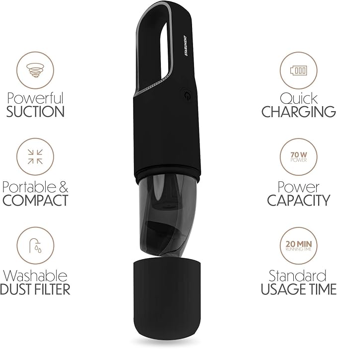 STARUMENT Portable Hand Vacuum Cleaner Handheld Cordless Cleaner for Dust Pet Hair Dirt Home Car Interior Lightweight Easy to Use Compact Design Battery Rechargeable with USB-C Cable - Black