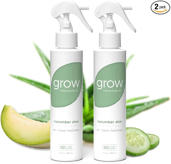 Grow Fragrance Certified Non Toxic 100% Plant Based Fabric and Room Air Freshener Spray. Made with All Natural Essential Oils (Cucumber Aloe 2 Pack) 2 x 5oz