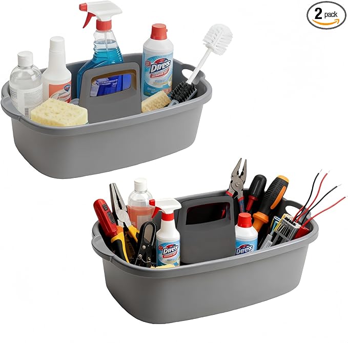 2 Pack Large Cleaning Caddy Portable Shower Basket Supply Organizer with HandlePlastic Bucket Tool Storagefor BathroomBedroomKitchenUnder Sink Storage (Grey)