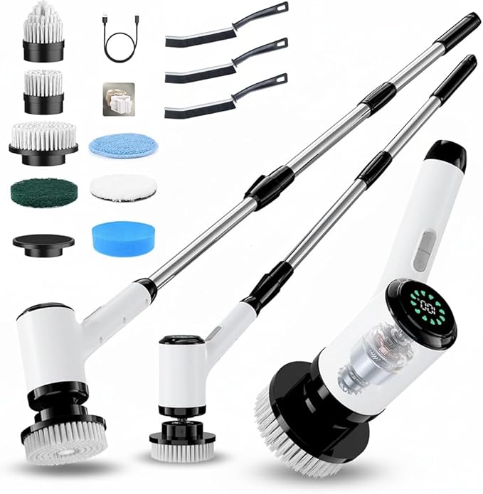 Electric Spin Scrubber Cordless Power Cleaning Brush with 8 Replaceable Heads 2 Adjustable Speeds LED Display &amp Long Handle Ideal for Bathroom Tub Tile Floor Car Cleaning