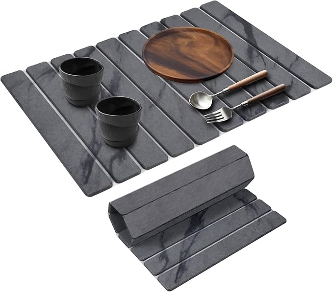 Large Stone Dish Drying Mats for Kitchen Counter 24(L)×16(W) Marble Drying Collapsible Dish Drying Mat Eco-Friendly Absorbent Diatomaceous Earth Mats for Dishes Bottles Cups - Dark Grey