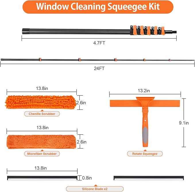 Window Washing Kit with Extension Pole 4.7 to 24FT Long Squeegee for Window Cleaning Indoor Outdoor Carbon Fiber Telescopic Pole for Window Cleaner Tool with Microfibre Pad &amp Chenille Cloth