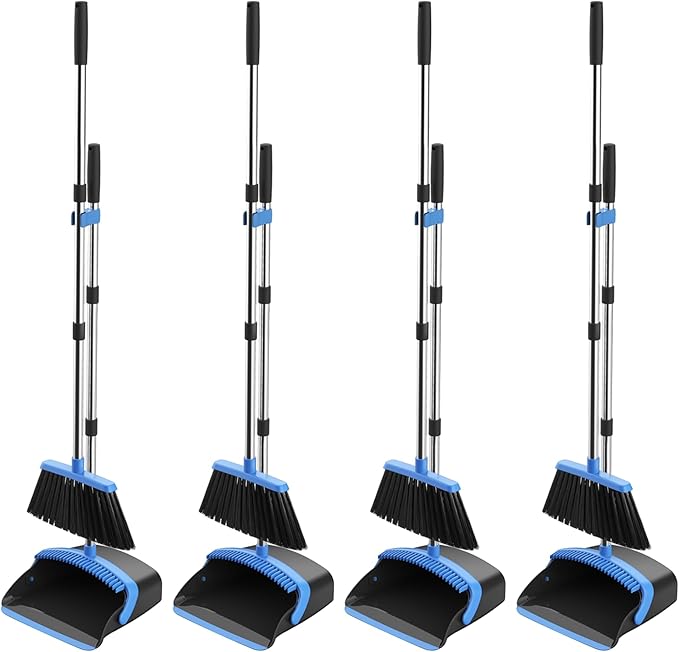 Broom and Dustpan Set 52-in Long Adjustable Handle Broom Dustpan Combo with Dust pan Teeth to Automatically Clean Hair Suitable for Home Kitchen Office Hall Floor (Black&ampBlue) 4 Pack