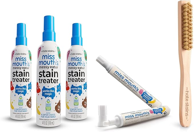 Miss Mouth's Stain Removal Kit - 3-Pack Messy Eater Spray 4oz Portable Treater Pens &amp Laundry Brush - Travel Spot Cleaner for Clothes 6-Piece Set