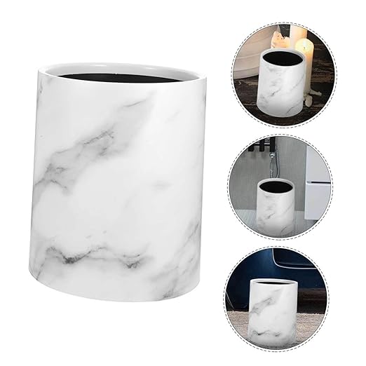 Marble Trash Can Round Garbage Bin 8L Double Layer Waste Basket Container for Kitchen Bathroom Home Office Hotel White