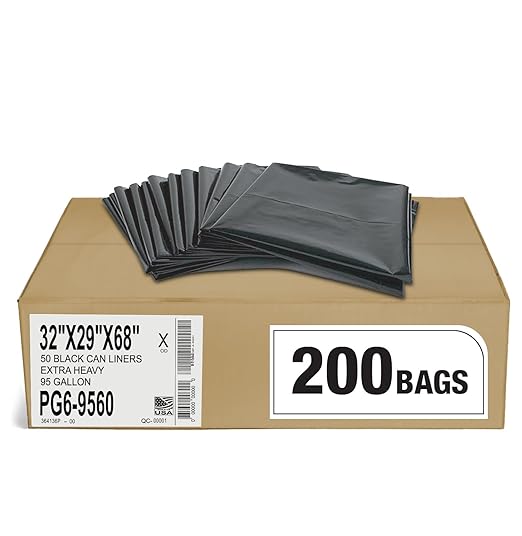 Aluf Plastics 95 Gal Black Heavy Duty Garbage Bags 2 Mil - 61x 68 - Pack of 200 - For Contractor Outdoor Construction &amp Storage