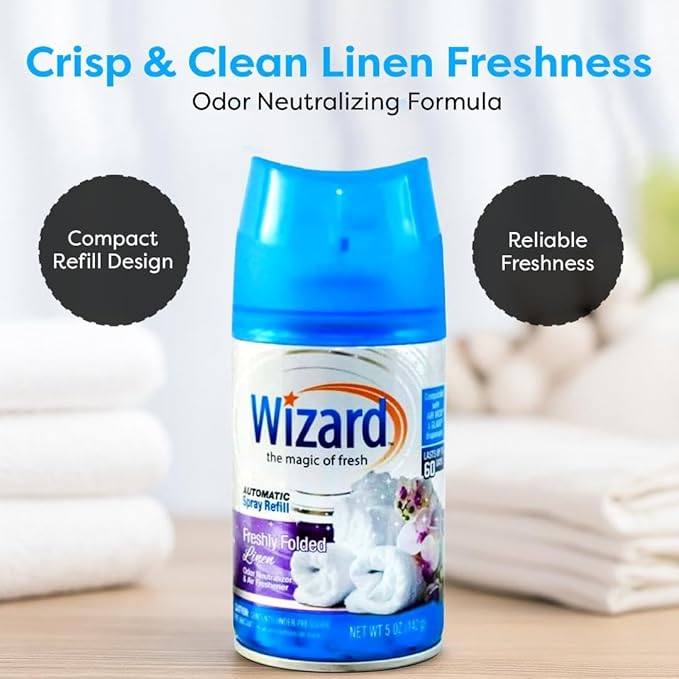 12 WIZARD AUTOMATIC SPRAY REFILLS FRESHLEY FOLDED LINEN 5 oz