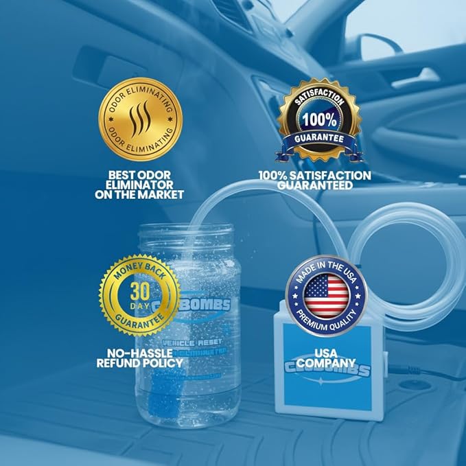 Odor Eliminator for Car Kit - Advanced Chlorine Dioxide Odor Removal Neutralizes Smoke Pet Urine Mildew &amp Skunk Odors in 1 Hour - Includes Bubbler System
