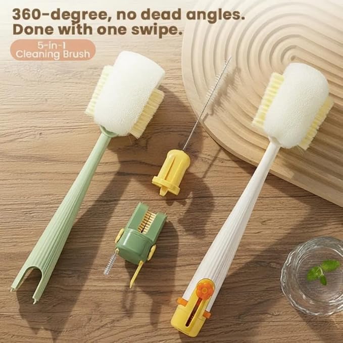 5-in-1 Baby Bottle Brush &amp Cup Cleaner 360-Degree Cleaning Brush Set with Replaceable Brush Heads One-Click Lock for Deep Cleaning Straws Mugs Water Bottles
