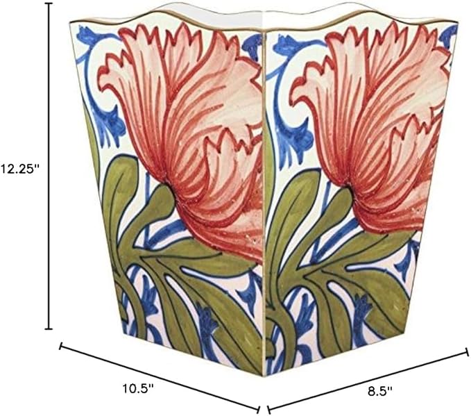 Marye-Kelley-Delft Red Poppy Wastepaper Basket Wastebasket Decoupage Wood Decorative Wastebasket for Kitchen Bathroom Bedroom Living Room Handmade Made in The USA