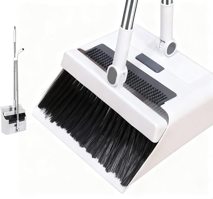 Upgrade Broom with Dustpan Combo SetLong Handle Self-Cleaning Dust Pan and Brush Set 4-Row Dense BristlesIndoor Broom Set (White)