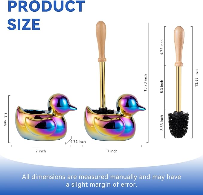 Ceramic Toilet Brush and Holder Set with Duck Base - Multicolor Rainbow Freestanding Bathroom Brush Organizer Space-Saving 7.5 Bowl Cleaner Kit - Bath Decor