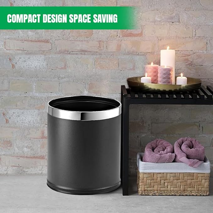 'Invisi-Overlap' Metal Trash Can Open Top Small Office Wastebasket Round Shape (Black)