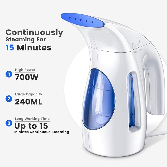 HiLIFE Steamer for Clothes Portable Handheld Design 240ml Big Capacity 700W Strong Penetrating Steam Removes Wrinkle for Home Office and Travel(ONLY FOR 120V) (Ocean Blue)