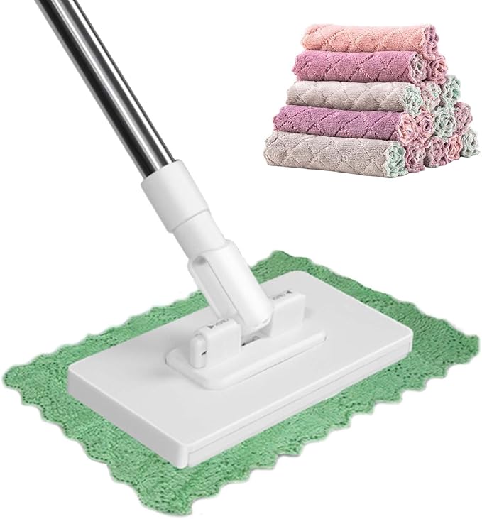Convenient Cloth Changing Mini Mop Snap Grip Zero Touch Mini Mop(with 10 Cloth)Reusable  Wash-Free Minimop for Gaps &amp Multi-Surface 38inch Retractable and Adjustable (1PC)(White 28″)