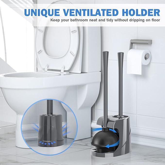 Toilet Plunger and Brush Bowl Brush and Heavy Duty Toilet Plunger Set with Ventilated Holder 2-in-1 Bathroom Cleaning Combo with Modern Caddy Stand for 5.7-inch Toilet Drain(Grey 2 Set)
