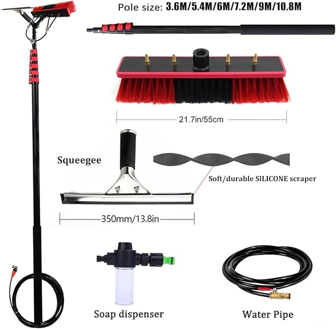Telescopic Window Cleaning Pole 10.8M Extendable Rod with Universal Washing Brush for Solar Systems and Windows 55CM Brush 6M Reach