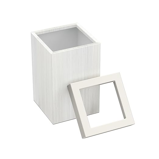 Gatco Small Bathroom Trash Can with Lid Square 3 Gallon Wastebasket Under Sink White Oak with Matte White for Bathroom Bedroom Office (1936W)